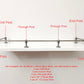 Diagram showing a Black Shadow brass gallery rail installation on a shelf with labeled End Posts, Corner Posts, Through Posts, and ordering example text.