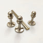 Handcrafted brushed nickel solid brass gallery rail system components including end post, corner post, through post, and rods on white background.