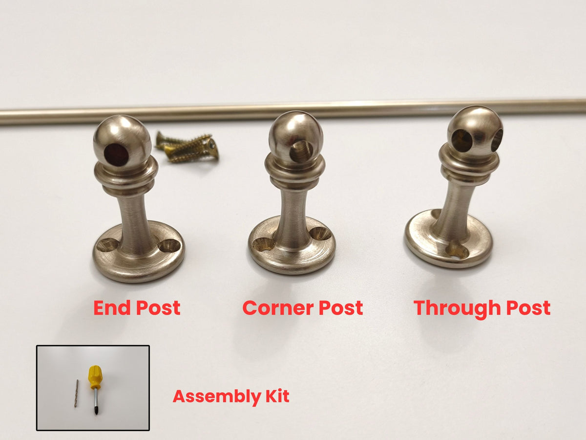 Brushed nickel gallery rail components showing end post, corner post, through post types, mounting screws, and assembly kit.