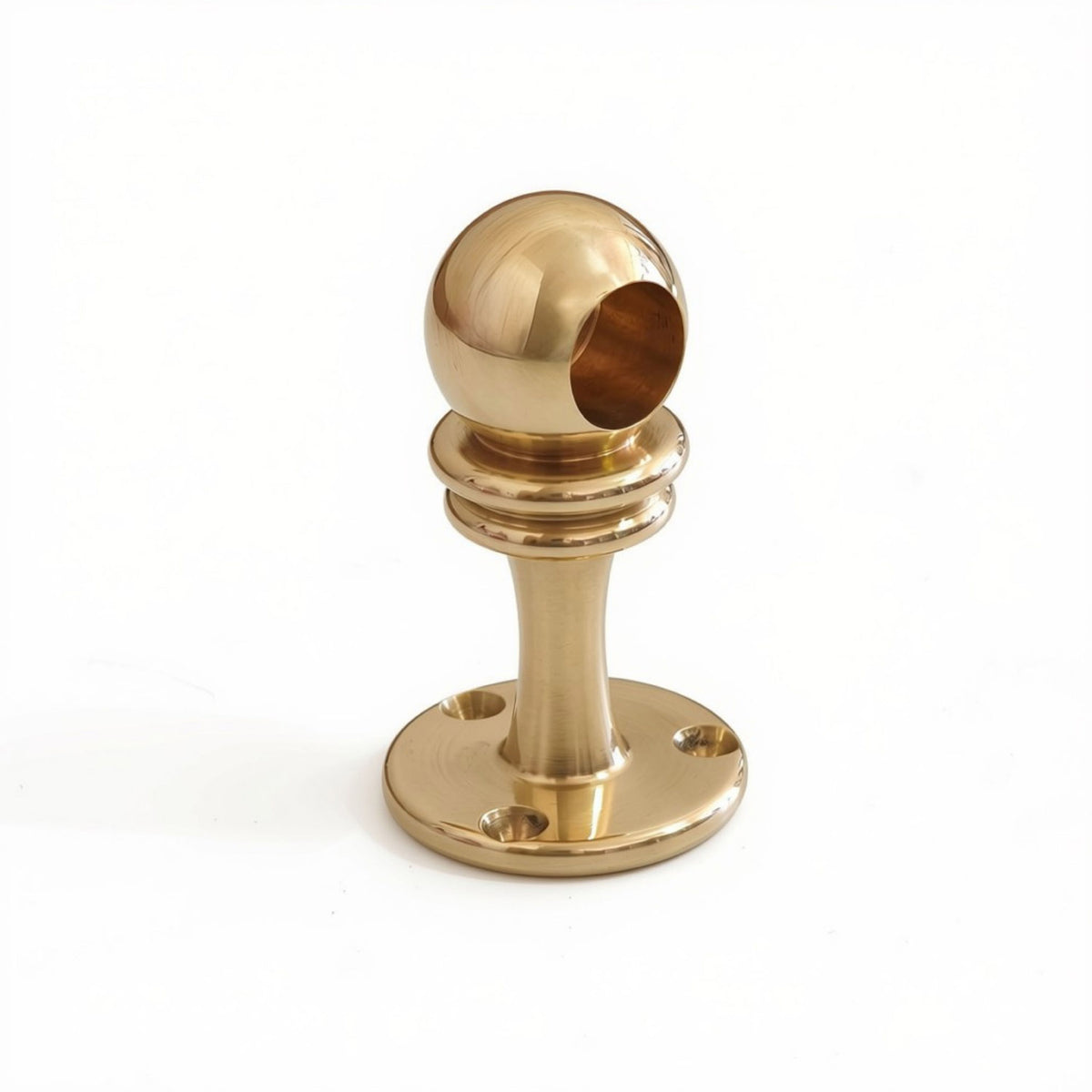 Solid unlacquered brass kitchen rail end post with spherical ball cap and mounting flange